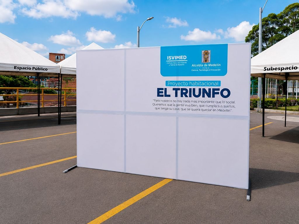 Backing publicitario del proyecto habitacional El Triunfo instalado en evento en Medellín