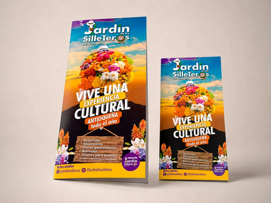 Plegables promocionales impresos para Jardín de los Silleteros, muestra de trabajos de litografía en Medellín.