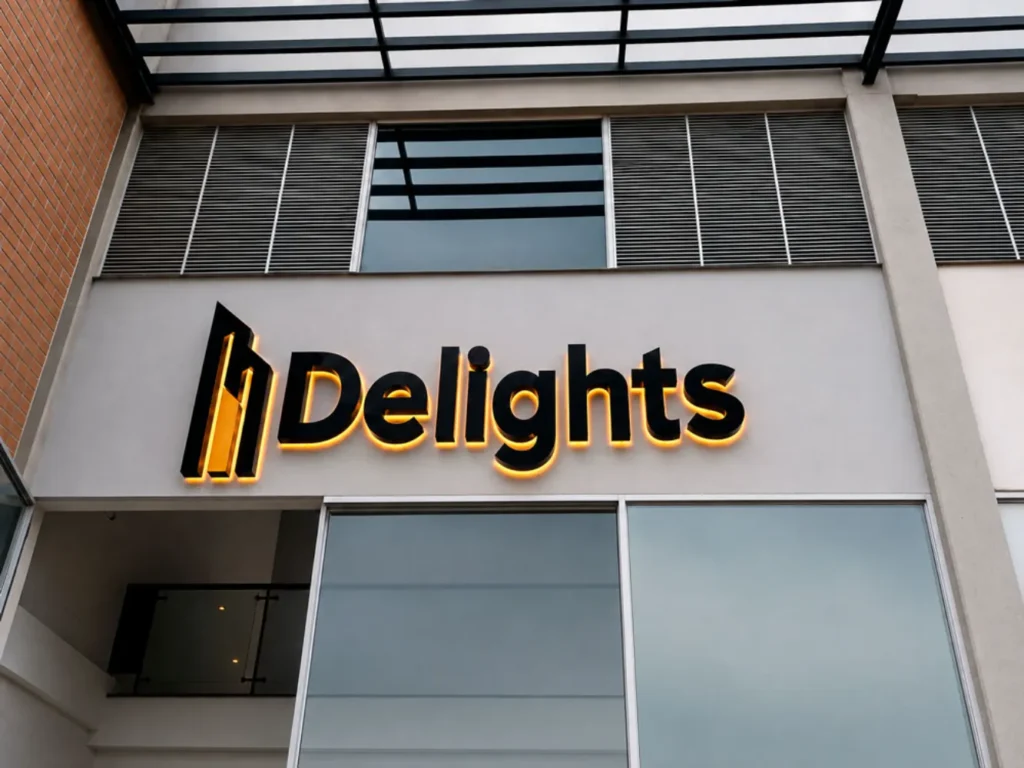 Aviso luminoso en acrílico negro con iluminación cálida instalado en la fachada de Delights